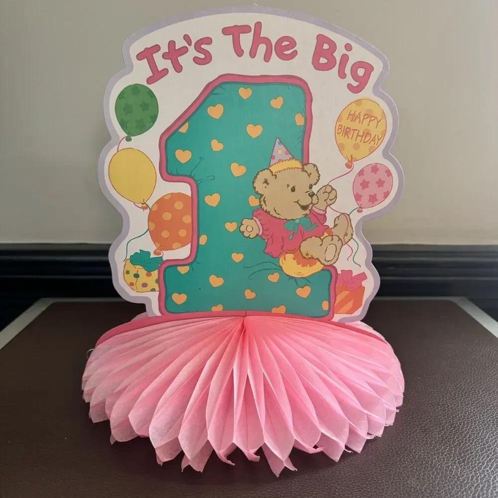 Vtg 1st Birthday Baby Banner And Honeycomb Table Centerpiece Bears